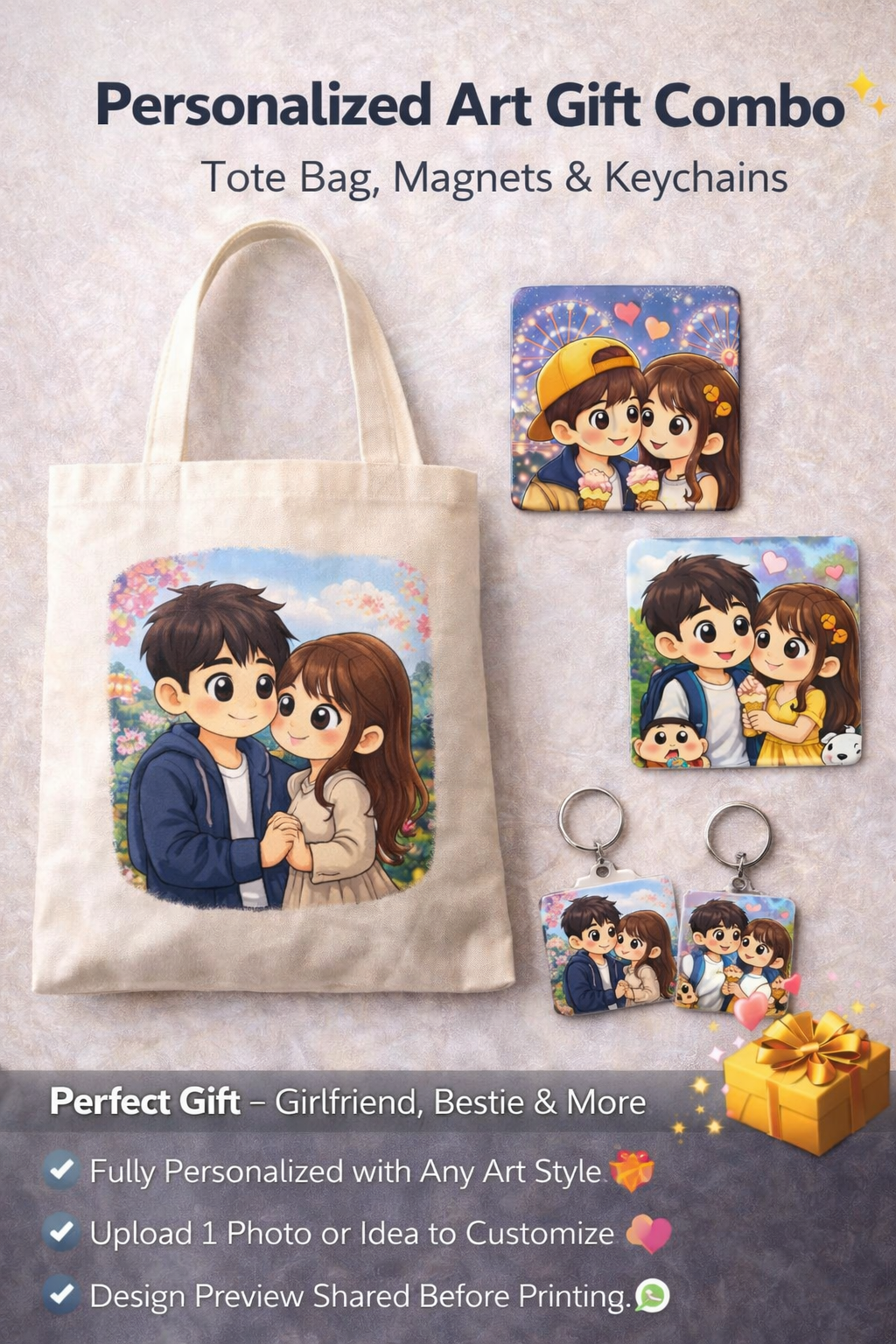 Personalized Gift Combo – Tote Bag, Magnets & Keychains