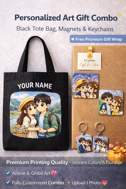 Personalized Gift Combo – Tote Bag, Magnets & Keychains